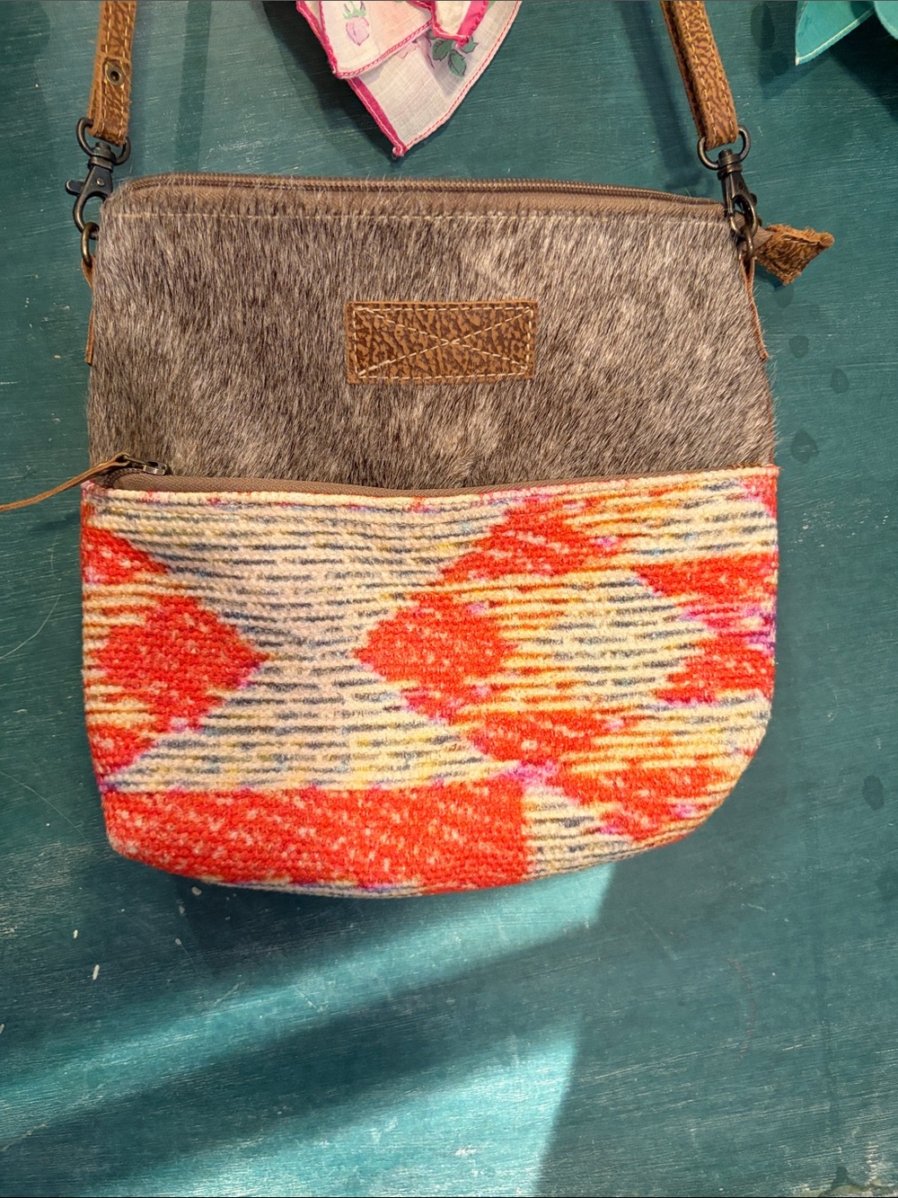 Myra Bag Gray Haircalf & Orange Patterned Crossbody